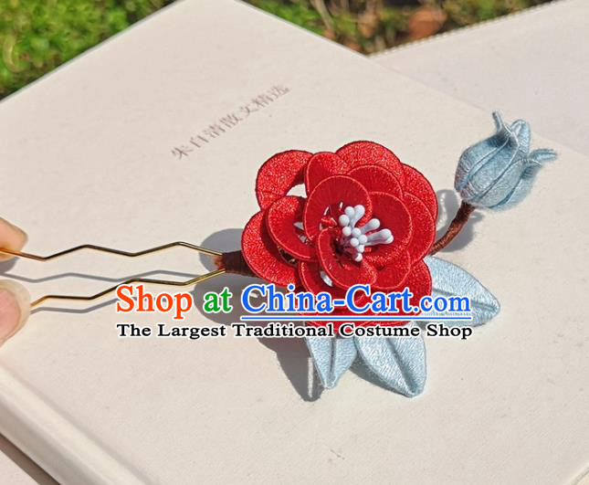 China Ming Dynasty Red Silk Rose Hair Stick Traditional Ancient Palace Lady Hairpin