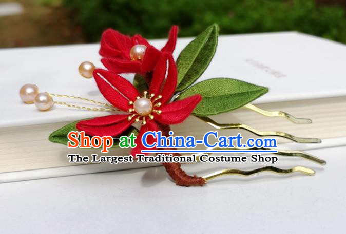 China Ming Dynasty Hair Stick Traditional Ancient Palace Lady Red Silk Flowers Hairpin