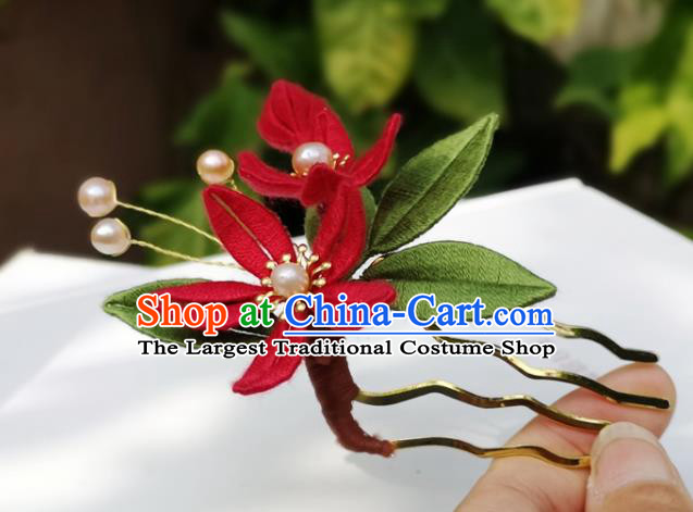 China Ming Dynasty Hair Stick Traditional Ancient Palace Lady Red Silk Flowers Hairpin
