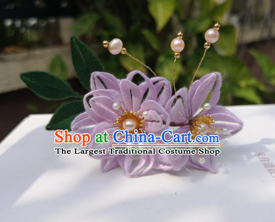 China Ming Dynasty Lilac Silk Epiphyllum Hair Stick Traditional Ancient Palace Lady Pearls Hairpin