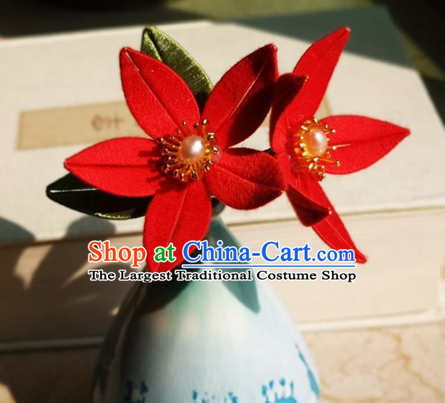 China Ming Dynasty Red Flowers Hair Stick Traditional Hanfu Hair Accessories Ancient Princess Pearl Hairpin