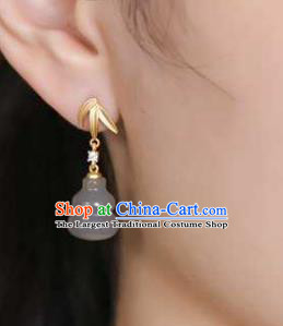 Handmade Chinese Jade Gourd Ear Accessories Traditional Golden Bamboo Leaf Earrings