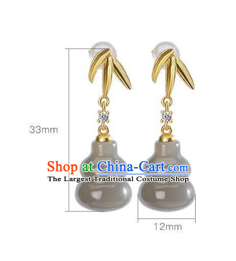 Handmade Chinese Jade Gourd Ear Accessories Traditional Golden Bamboo Leaf Earrings