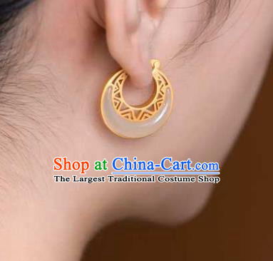 Handmade Chinese Cheongsam Golden Ear Accessories Traditional Jade Moon Earrings