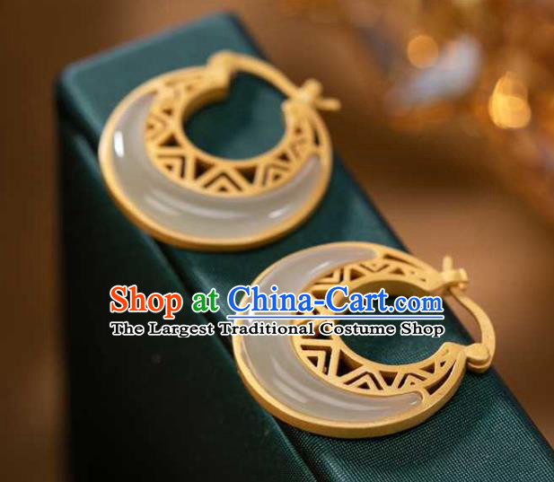 Handmade Chinese Cheongsam Golden Ear Accessories Traditional Jade Moon Earrings