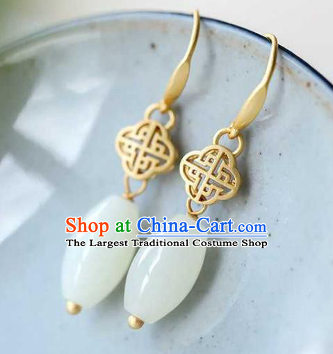 Handmade Chinese Cheongsam White Jade Ear Accessories Traditional Golden Earrings