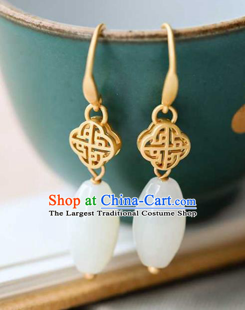 Handmade Chinese Cheongsam White Jade Ear Accessories Traditional Golden Earrings