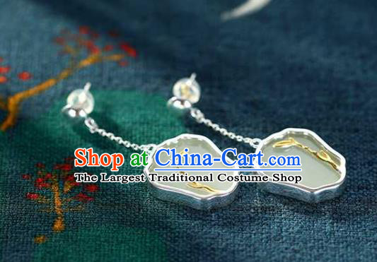 Handmade Chinese Cheongsam White Jade Fan Ear Accessories Traditional Silver Earrings