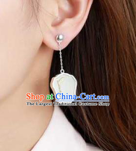Handmade Chinese Cheongsam White Jade Fan Ear Accessories Traditional Silver Earrings
