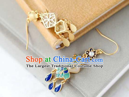 Handmade Chinese Cheongsam Jade Fan Ear Accessories Traditional Qing Dynasty Cloisonne Earrings