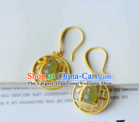 Handmade Chinese Golden Ear Accessories Traditional Cheongsam Jade Gourd Earrings