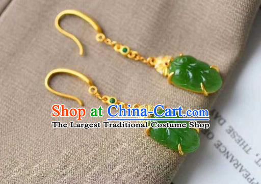 Handmade Chinese Jadeite Leaf Ear Accessories Traditional Cheongsam Golden Earrings