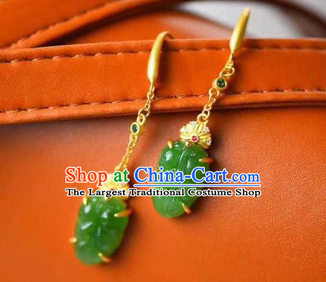 Handmade Chinese Jadeite Leaf Ear Accessories Traditional Cheongsam Golden Earrings