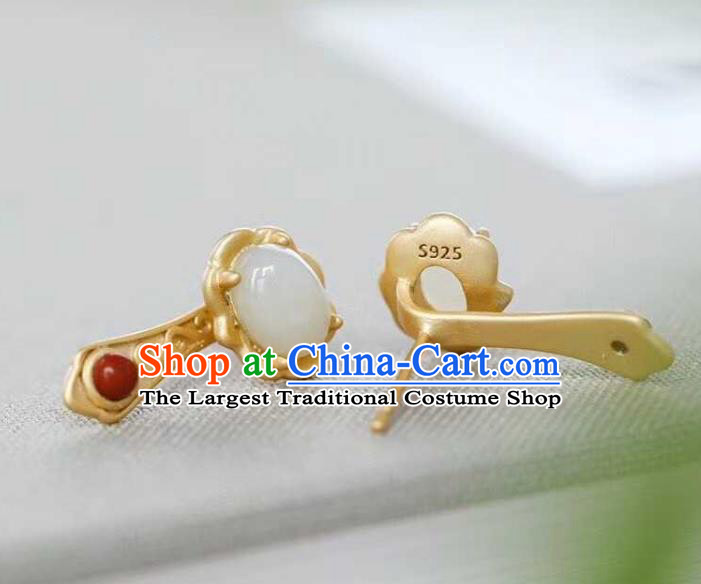 Handmade Chinese Golden Ear Accessories Traditional Cheongsam Hetian Jade Earrings