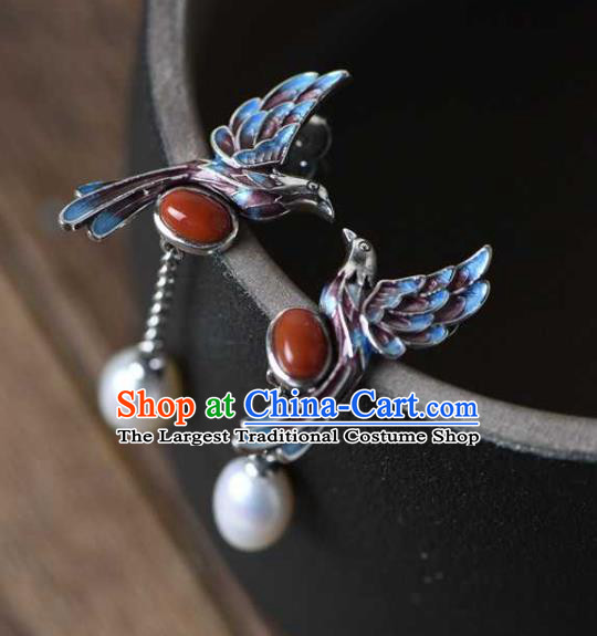 Handmade Chinese Blueing Bird Ear Accessories Traditional Cheongsam Pearls Tassel Earrings