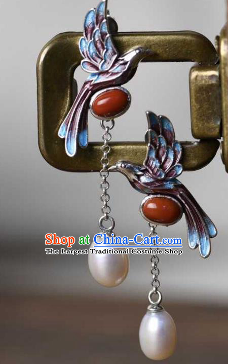 Handmade Chinese Blueing Bird Ear Accessories Traditional Cheongsam Pearls Tassel Earrings