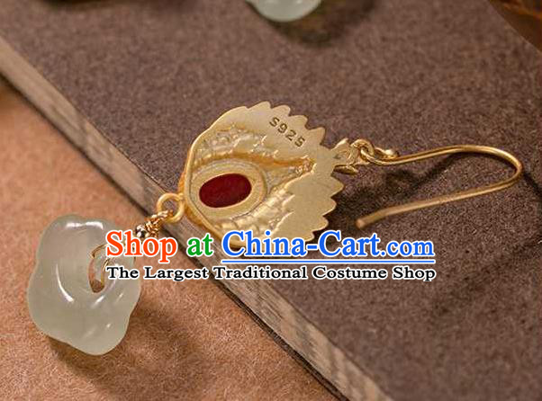 Handmade Chinese Jade Lock Ear Accessories Traditional Cheongsam Golden Phoenix Earrings