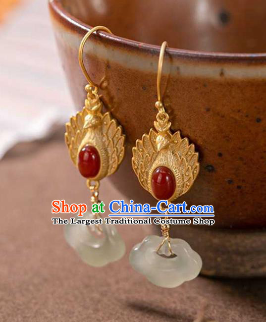 Handmade Chinese Jade Lock Ear Accessories Traditional Cheongsam Golden Phoenix Earrings