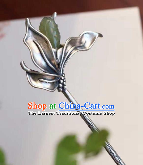 China Classical Silver Hair Stick Traditional Hair Accessories Handmade Jade Mangnolia Hairpin