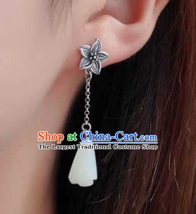 Handmade Chinese White Jade Ear Accessories Traditional Cheongsam Silver Lily Flower Earrings