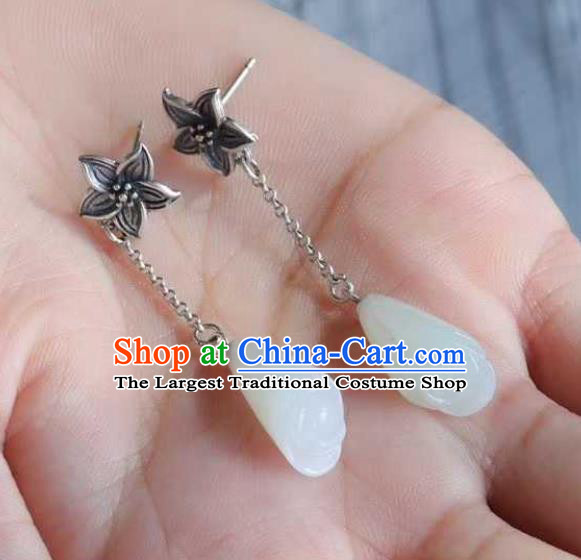 Handmade Chinese White Jade Ear Accessories Traditional Cheongsam Silver Lily Flower Earrings