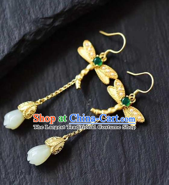 Handmade Chinese Jade Mangnolia Ear Accessories Traditional Cheongsam Golden Dragonfly Earrings