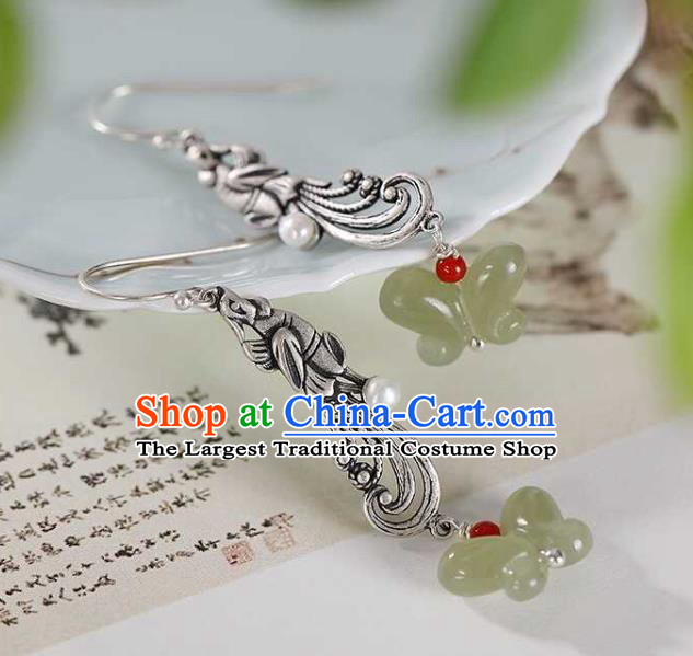 Handmade Chinese Silver Phoenix Ear Accessories Traditional Cheongsam Jade Butterfly Earrings