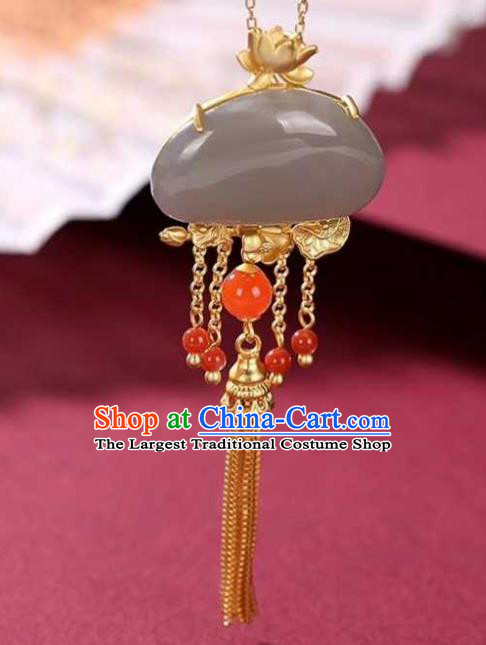 China Classical Cheongsam Golden Lotus Tassel Pendant Accessories Traditional Jade Necklace Jewelry