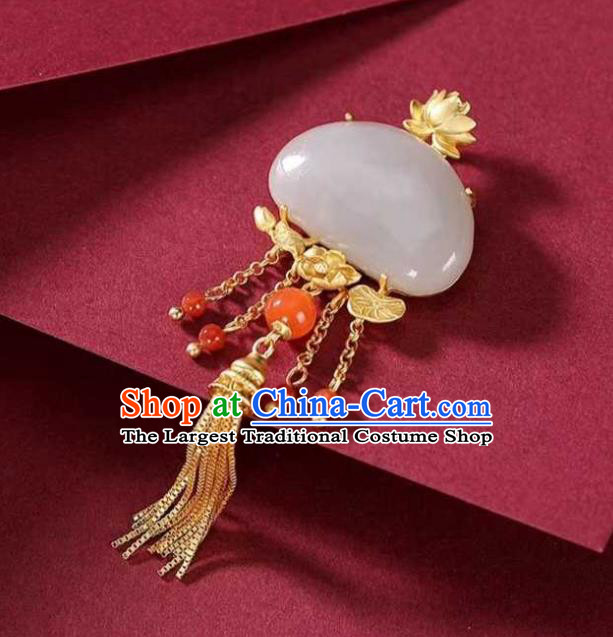 China Classical Cheongsam Golden Lotus Tassel Pendant Accessories Traditional Jade Necklace Jewelry