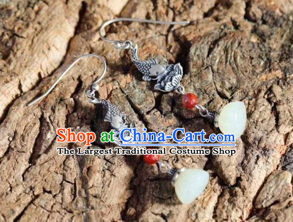 Handmade Chinese Silver Lotus Fish Ear Accessories Traditional Cheongsam Jade Tassel Earrings