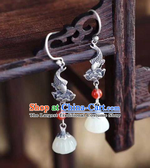 Handmade Chinese Silver Lotus Fish Ear Accessories Traditional Cheongsam Jade Tassel Earrings