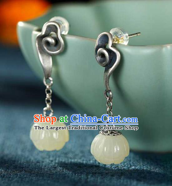 Chinese Traditional Cheongsam Jade Lotus Earrings Handmade National Silver Cloud Ear Accessories