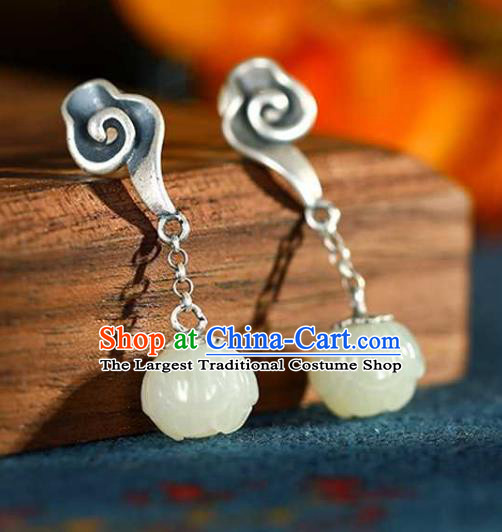 Chinese Traditional Cheongsam Jade Lotus Earrings Handmade National Silver Cloud Ear Accessories