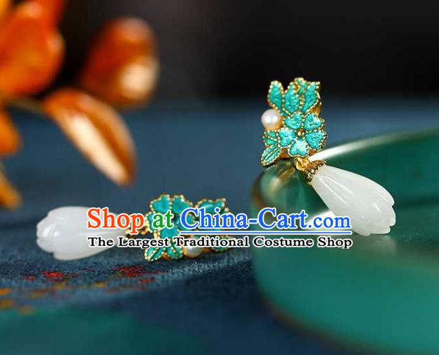 Handmade Chinese Jade Mangnolia Ear Accessories Traditional Cheongsam Cloisonne Earrings