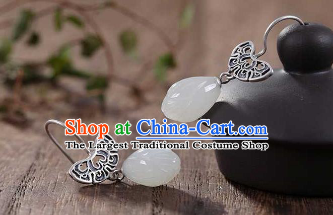 Handmade Chinese Silver Ear Accessories Traditional Cheongsam Jade Mangnolia Earrings