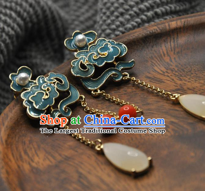 Chinese Traditional Qing Dynasty Palace Earrings Handmade Hanfu Jade Tassel Ear Accessories