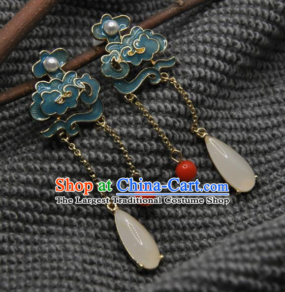Chinese Traditional Qing Dynasty Palace Earrings Handmade Hanfu Jade Tassel Ear Accessories