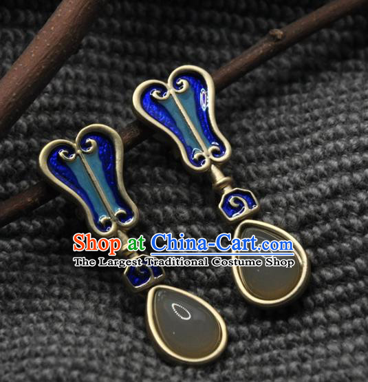 Chinese Traditional Hanfu Chalcedony Earrings Handmade Cheongsam Cloisonne Fan Ear Accessories