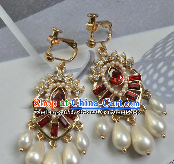 Chinese Traditional Red Crystal Earrings Handmade Cheongsam Pearls Ear Accessories