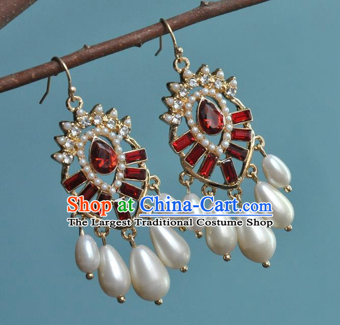 Chinese Traditional Red Crystal Earrings Handmade Cheongsam Pearls Ear Accessories