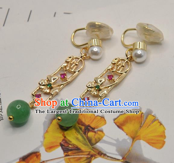 Chinese Classical Cheongsam Golden Ear Accessories Traditional Chrysoprase Bead Earrings