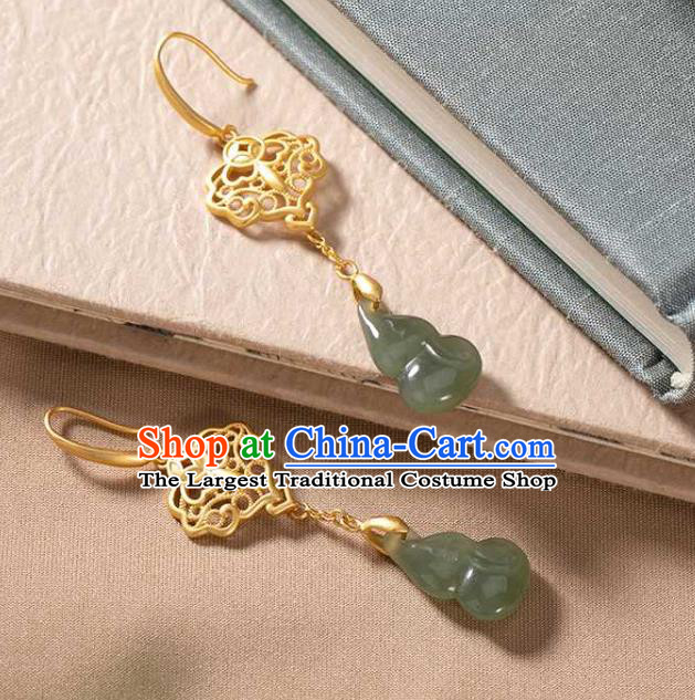 Handmade Chinese Golden Ear Accessories Traditional Cheongsam Jade Gourd Earrings