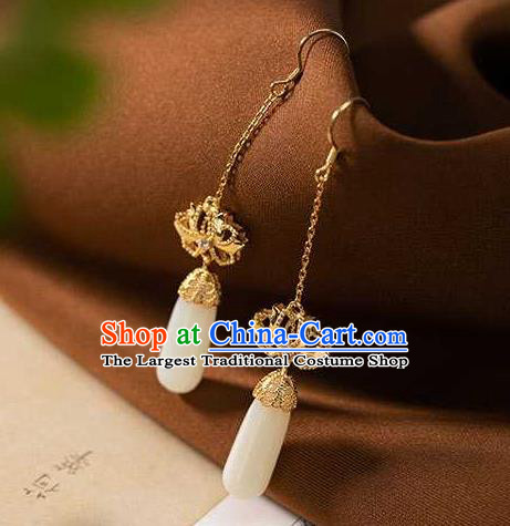 Handmade Chinese National Jade Ear Accessories Traditional Cheongsam Golden Lotus Earrings
