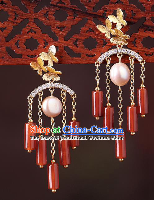 Chinese Classical Agate Tassel Ear Accessories Traditional Cheongsam Pearl Earrings