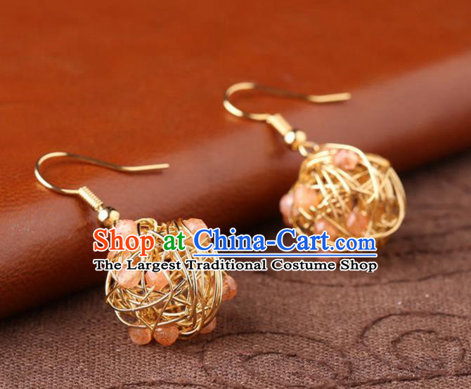 Chinese Classical Golden Ear Accessories Traditional Cheongsam National Rose Quartz Earrings
