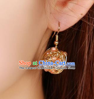 Chinese Classical Golden Ear Accessories Traditional Cheongsam National Rose Quartz Earrings