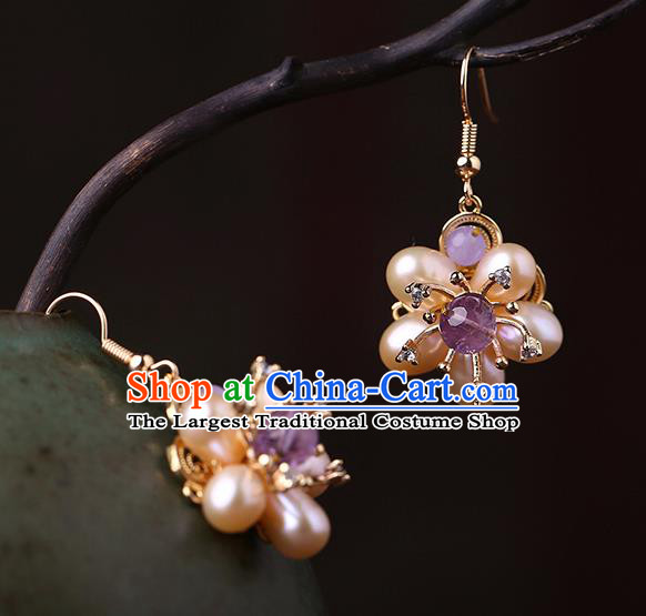 Chinese Classical Pearls Plum Ear Accessories Traditional Cheongsam National Amethyst Earrings
