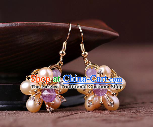 Chinese Classical Pearls Plum Ear Accessories Traditional Cheongsam National Amethyst Earrings