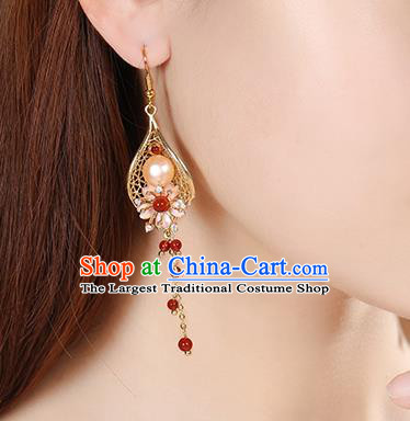 Chinese Classical Red Beads Tassel Ear Accessories Traditional Cheongsam Pearl Golden Earrings