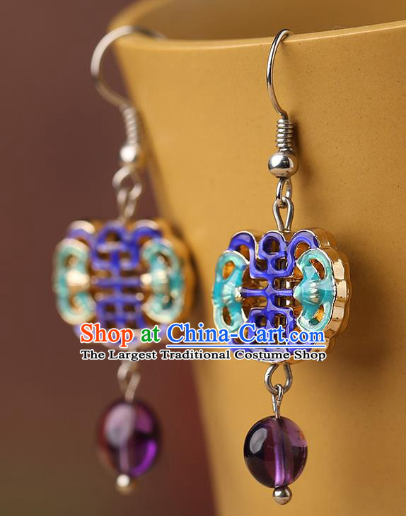 Chinese Classical Cloisonne Bat Ear Accessories Traditional Cheongsam National Amethyst Earrings